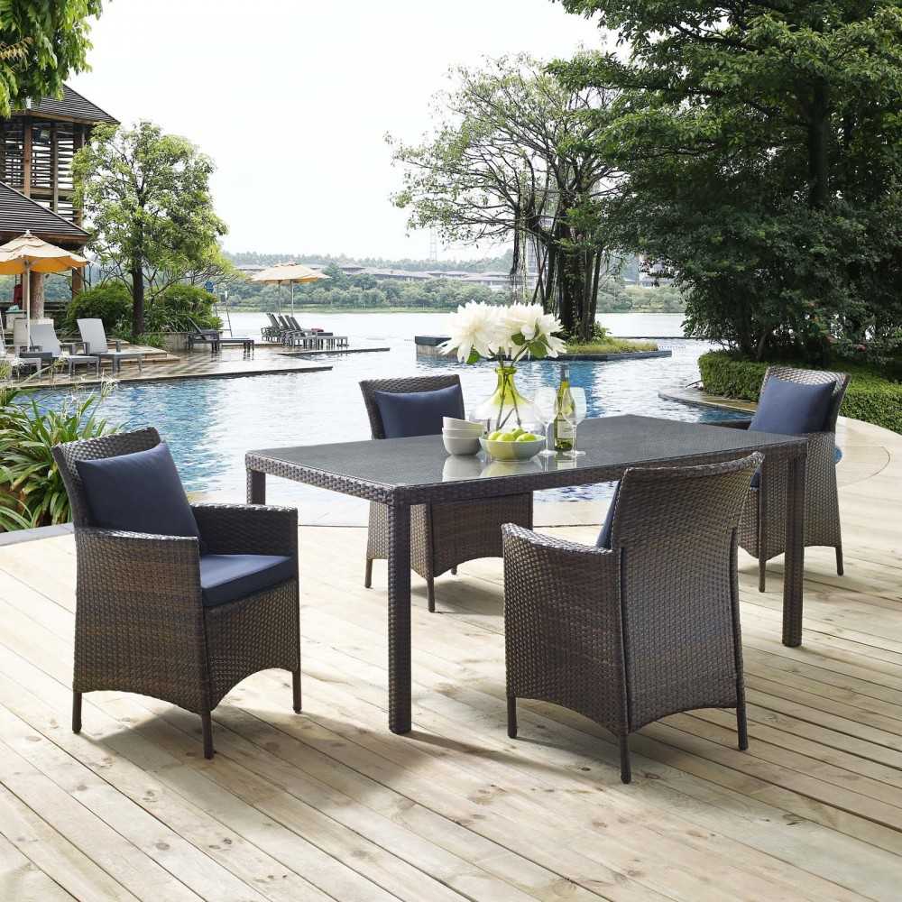 Conduit 5 Piece Outdoor Patio Wicker Rattan Set, Brown Navy, EEI-3892-BRN-NAV-SET