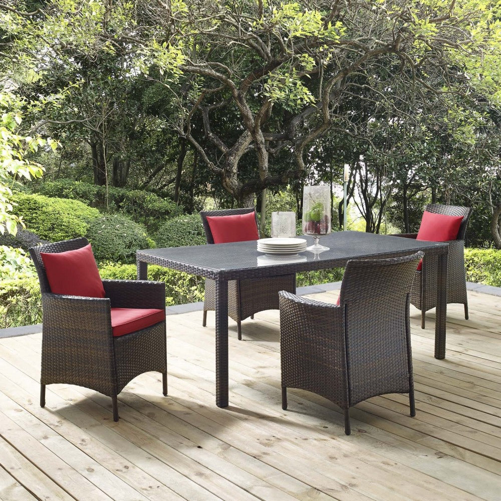 Conduit 5 Piece Outdoor Patio Wicker Rattan Set, Brown Red, EEI-3892-BRN-RED-SET