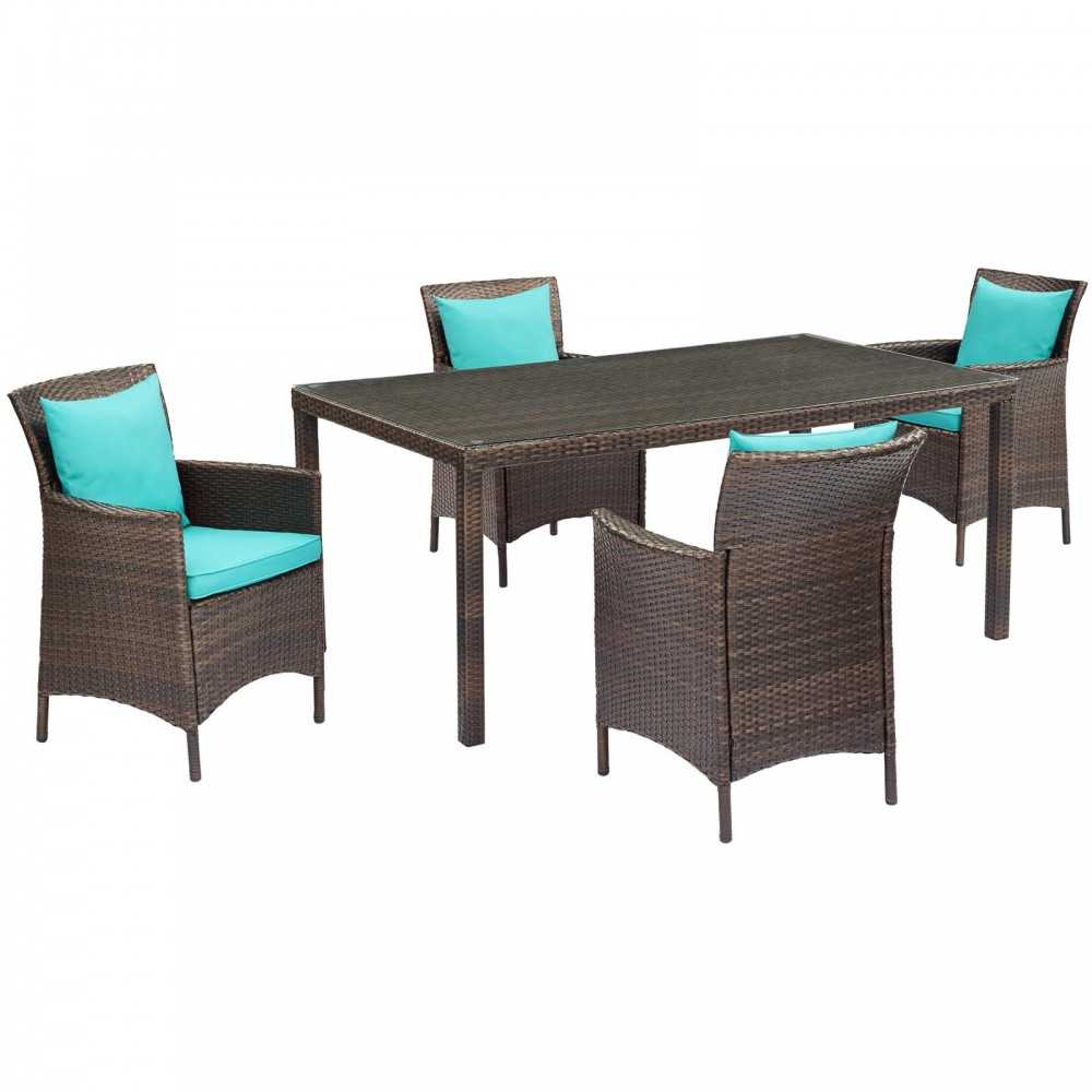 Conduit 5 Piece Outdoor Patio Wicker Rattan Set, Brown Turquoise, EEI-3892-BRN-TRQ-SET