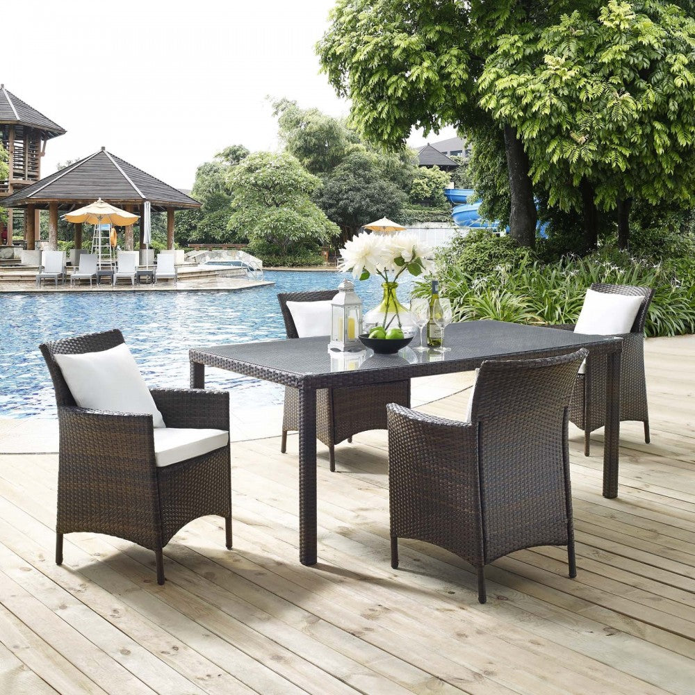 Conduit 5 Piece Outdoor Patio Wicker Rattan Set, Brown White, EEI-3892-BRN-WHI-SET