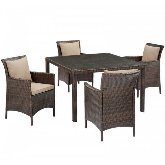 Conduit 5 Piece Outdoor Patio Wicker Rattan Set, Brown Beige, EEI-3893-BRN-BEI-SET