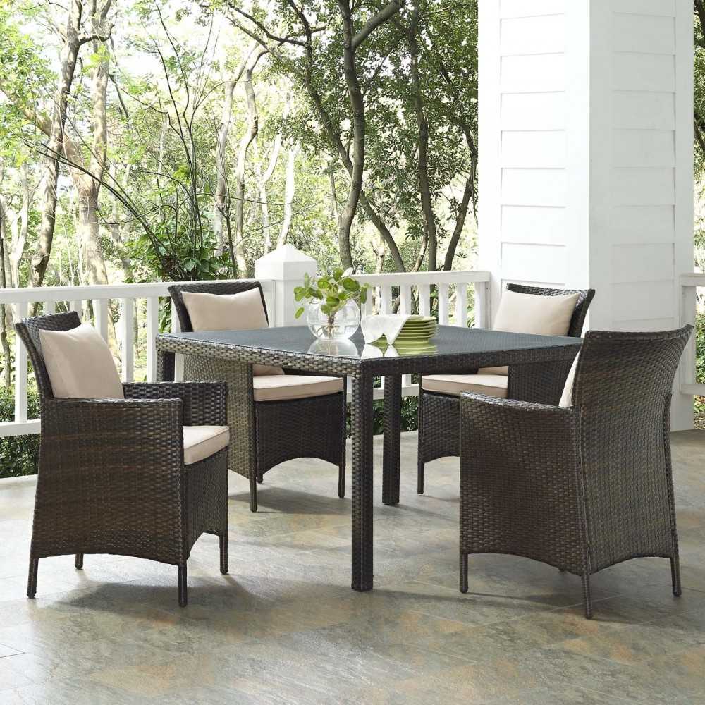 Conduit 5 Piece Outdoor Patio Wicker Rattan Set, Brown Beige, EEI-3893-BRN-BEI-SET