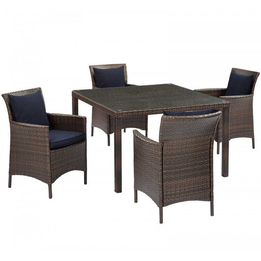 Conduit 5 Piece Outdoor Patio Wicker Rattan Set, Brown Navy, EEI-3893-BRN-NAV-SET