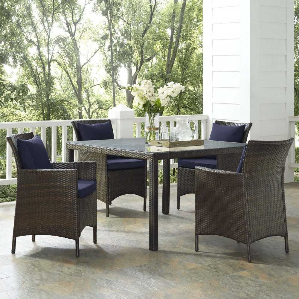 Conduit 5 Piece Outdoor Patio Wicker Rattan Set, Brown Navy, EEI-3893-BRN-NAV-SET