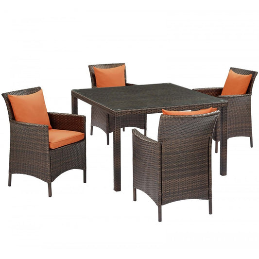 Conduit 5 Piece Outdoor Patio Wicker Rattan Set, Brown Orange, EEI-3893-BRN-ORA-SET