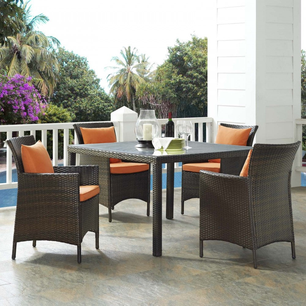 Conduit 5 Piece Outdoor Patio Wicker Rattan Set, Brown Orange, EEI-3893-BRN-ORA-SET