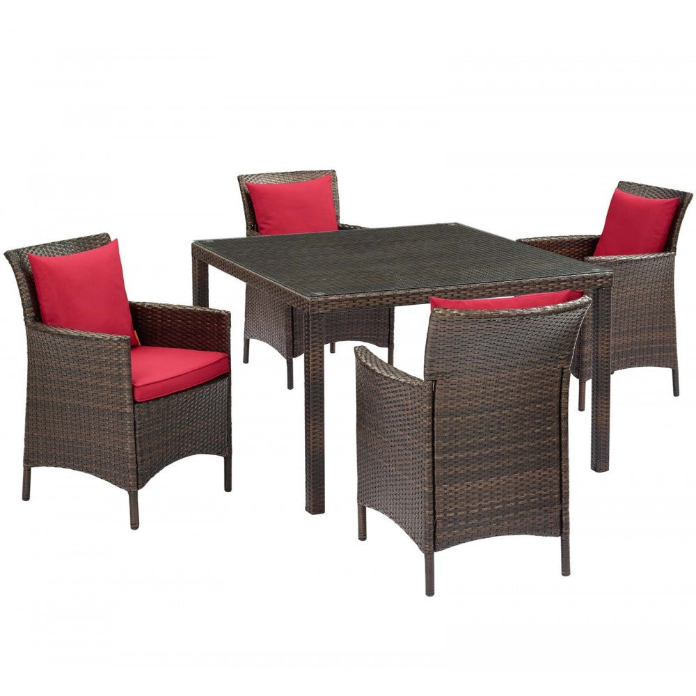 Conduit 5 Piece Outdoor Patio Wicker Rattan Set, Brown Red, EEI-3893-BRN-RED-SET