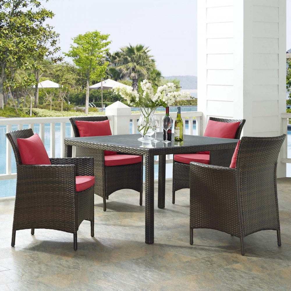 Conduit 5 Piece Outdoor Patio Wicker Rattan Set, Brown Red, EEI-3893-BRN-RED-SET