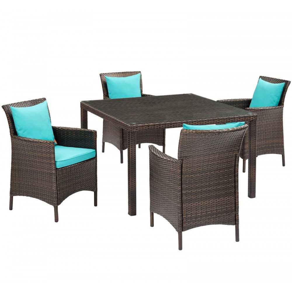 Conduit 5 Piece Outdoor Patio Wicker Rattan Set, Brown Turquoise, EEI-3893-BRN-TRQ-SET