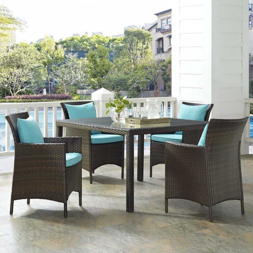 Conduit 5 Piece Outdoor Patio Wicker Rattan Set, Brown Turquoise, EEI-3893-BRN-TRQ-SET