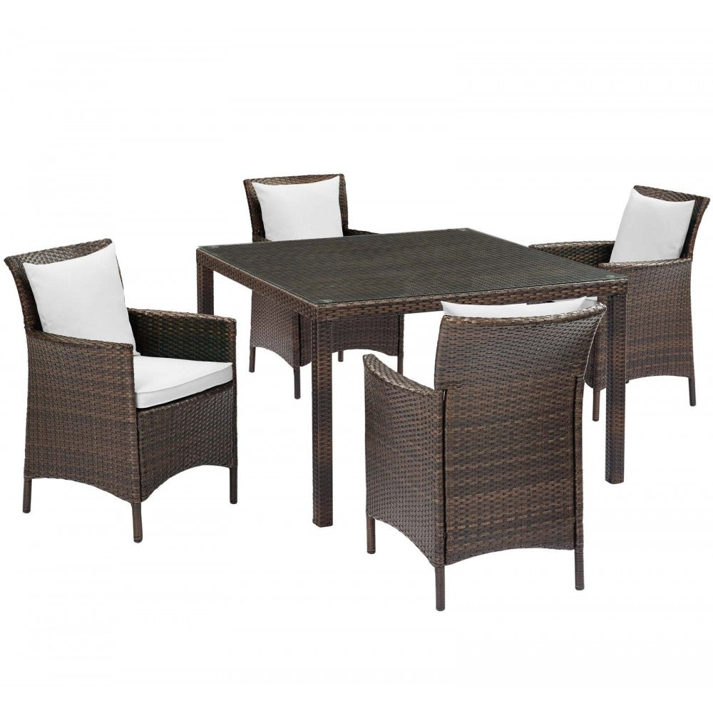 Conduit 5 Piece Outdoor Patio Wicker Rattan Set, Brown White, EEI-3893-BRN-WHI-SET