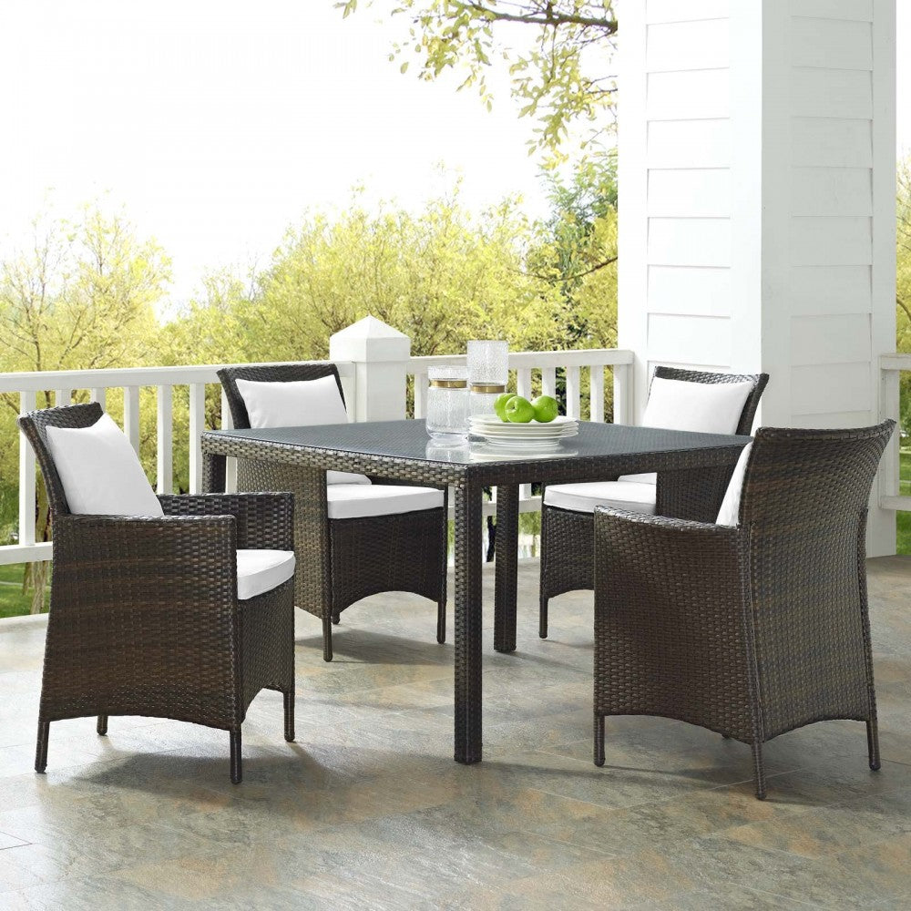 Conduit 5 Piece Outdoor Patio Wicker Rattan Set, Brown White, EEI-3893-BRN-WHI-SET