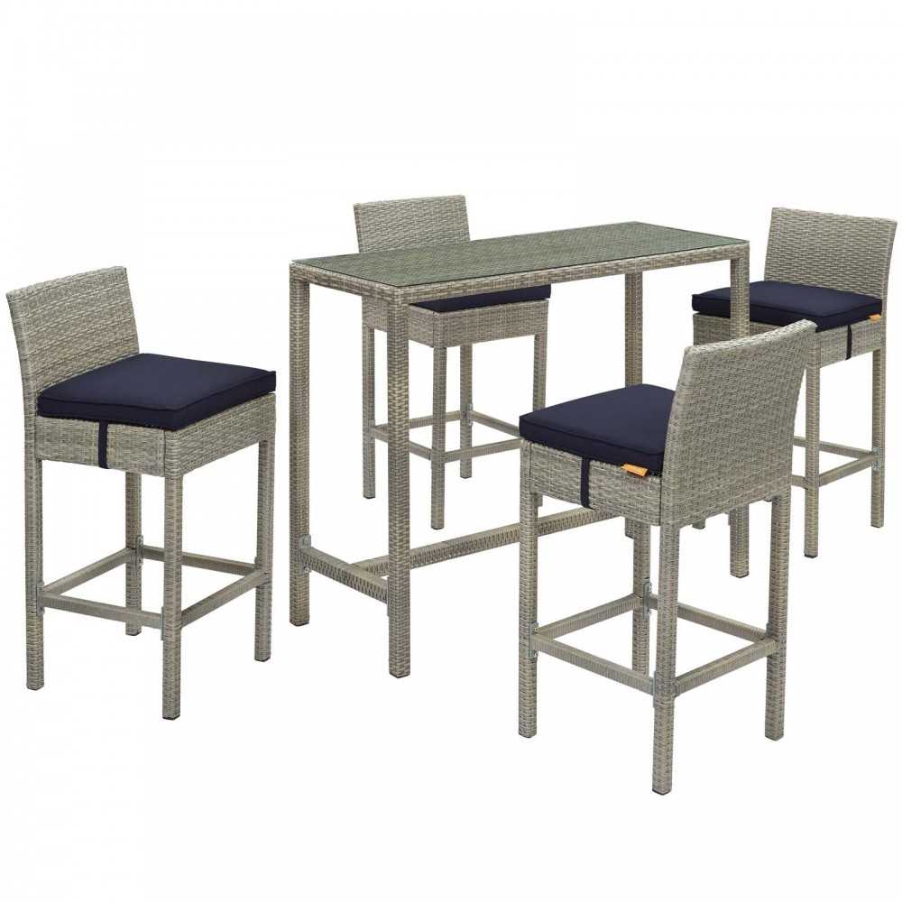 Conduit 5 Piece Outdoor Patio Wicker Rattan Set, Light Gray Navy