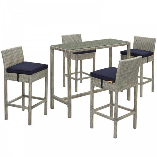 Conduit 5 Piece Outdoor Patio Wicker Rattan Set, Light Gray Navy