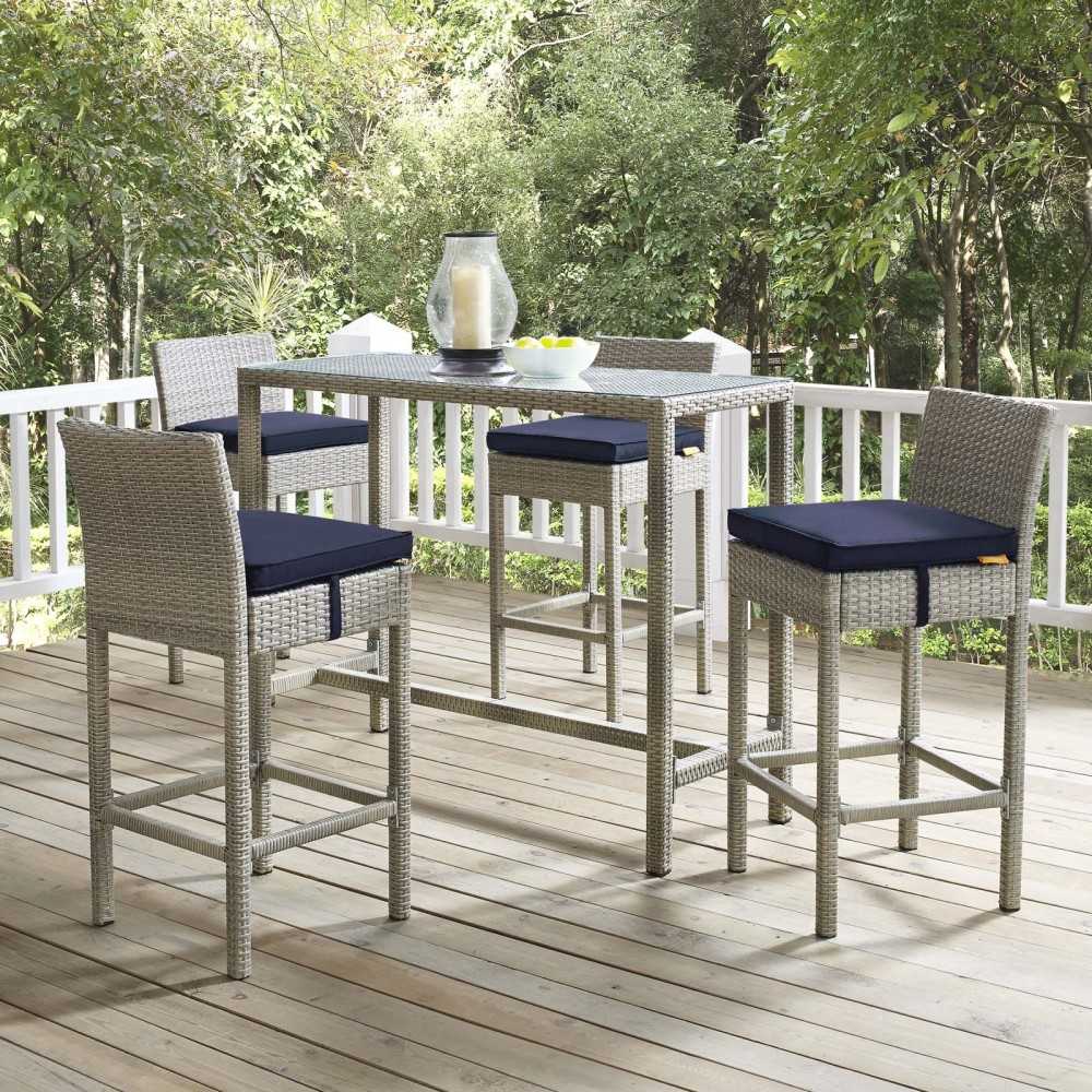 Conduit 5 Piece Outdoor Patio Wicker Rattan Set, Light Gray Navy