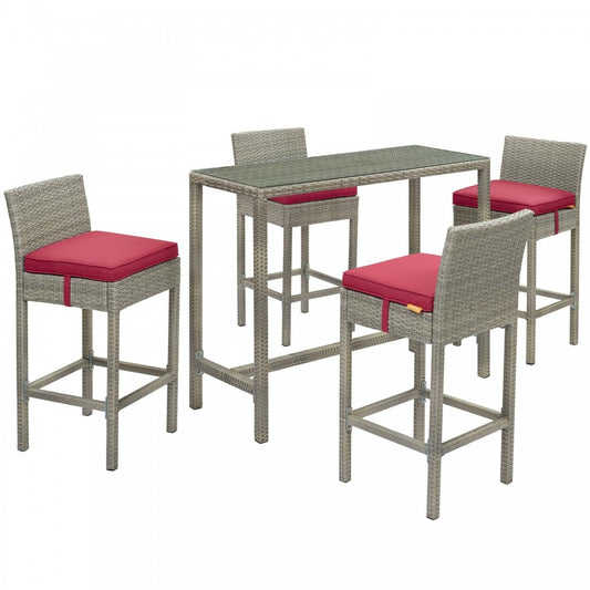 Conduit 5 Piece Outdoor Patio Wicker Rattan Set, Light Gray Red