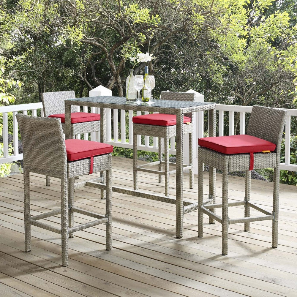 Conduit 5 Piece Outdoor Patio Wicker Rattan Set, Light Gray Red