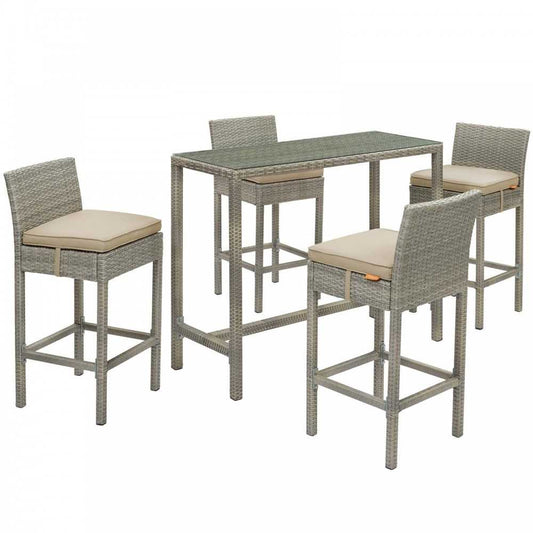 Conduit 5 Piece Outdoor Patio Wicker Rattan Set, Light Gray Beige