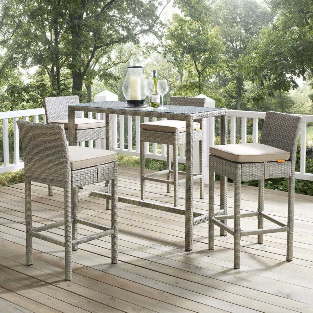 Conduit 5 Piece Outdoor Patio Wicker Rattan Set, Light Gray Beige