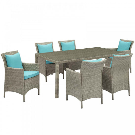 Conduit 7 Piece Outdoor Patio Wicker Rattan Dining Set, Light Gray Turquoise