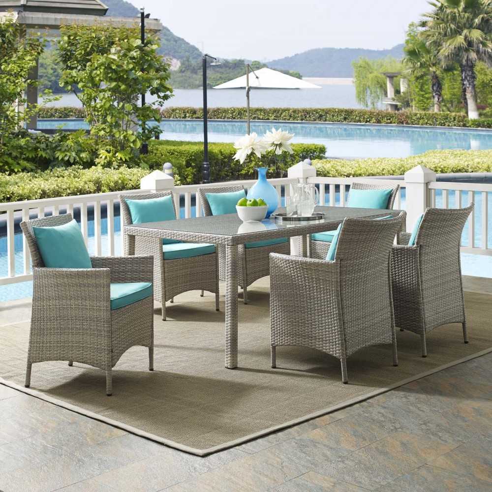 Conduit 7 Piece Outdoor Patio Wicker Rattan Dining Set, Light Gray Turquoise