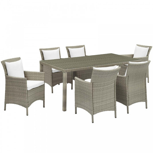 Conduit 7 Piece Outdoor Patio Wicker Rattan Dining Set, Light Gray White