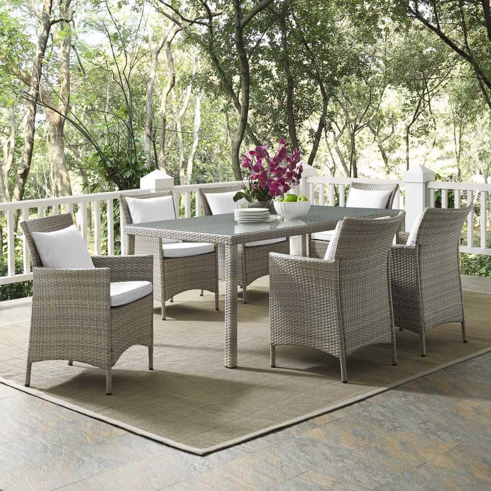 Conduit 7 Piece Outdoor Patio Wicker Rattan Dining Set, Light Gray White