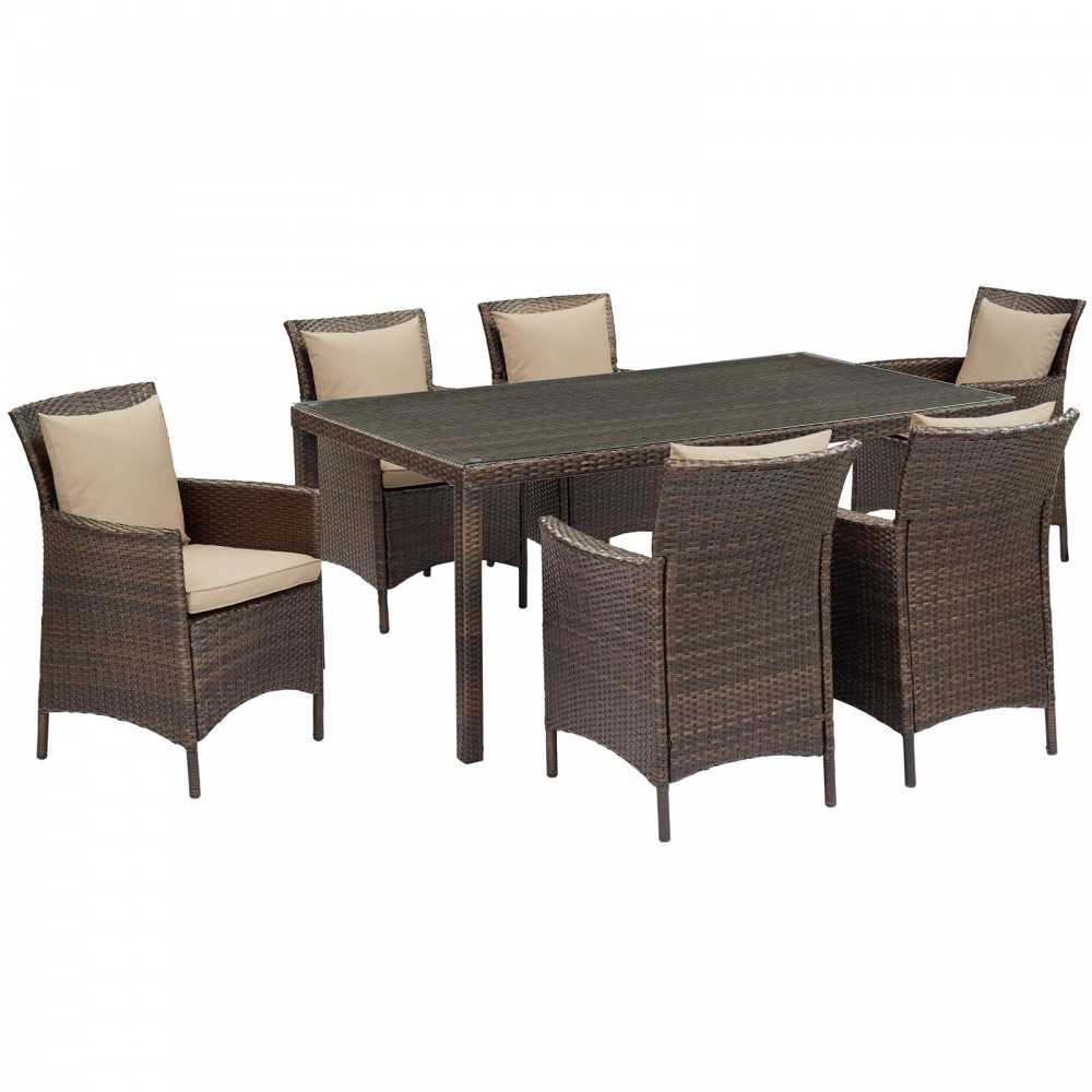 Conduit 7 Piece Outdoor Patio Wicker Rattan Dining Set, Brown Beige