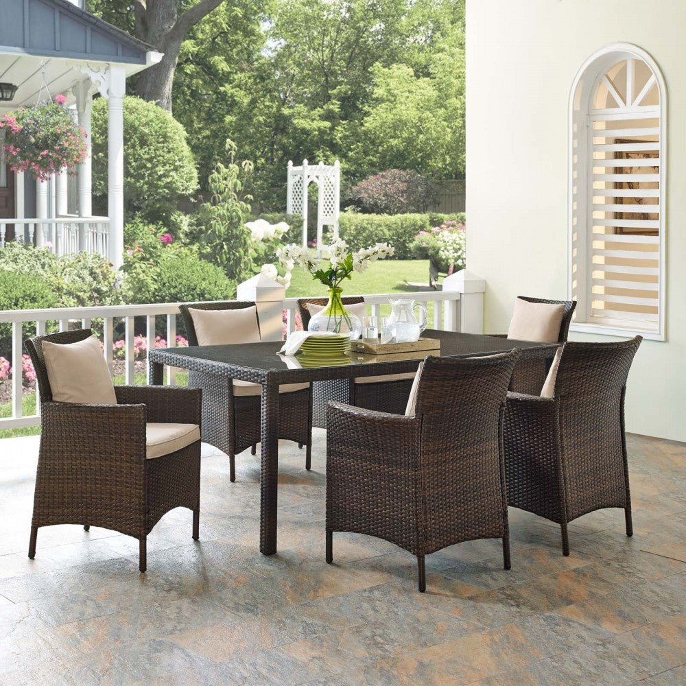 Conduit 7 Piece Outdoor Patio Wicker Rattan Dining Set, Brown Beige