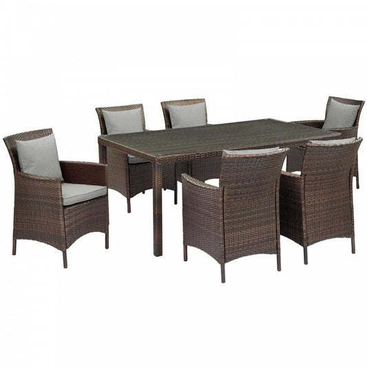 Conduit 7 Piece Outdoor Patio Wicker Rattan Dining Set, Brown Gray