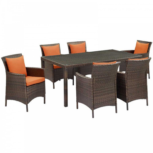 Conduit 7 Piece Outdoor Patio Wicker Rattan Dining Set, Brown Orange