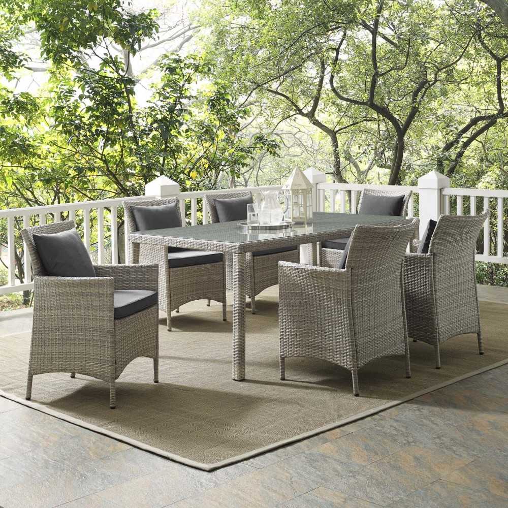 Conduit 7 Piece Outdoor Patio Wicker Rattan Dining Set, Light Gray Charcoal