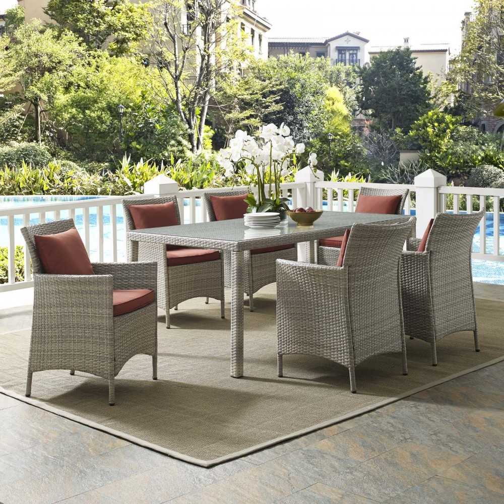 Conduit 7 Piece Outdoor Patio Wicker Rattan Dining Set, Light Gray Currant