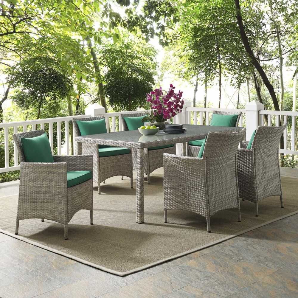 Conduit 7 Piece Outdoor Patio Wicker Rattan Dining Set, Light Gray Green