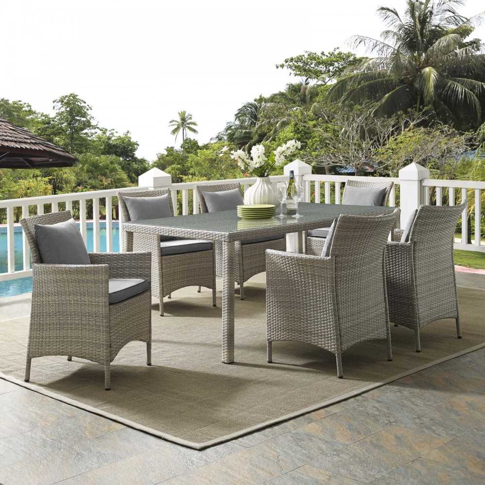 Conduit 7 Piece Outdoor Patio Wicker Rattan Dining Set, Light Gray Gray