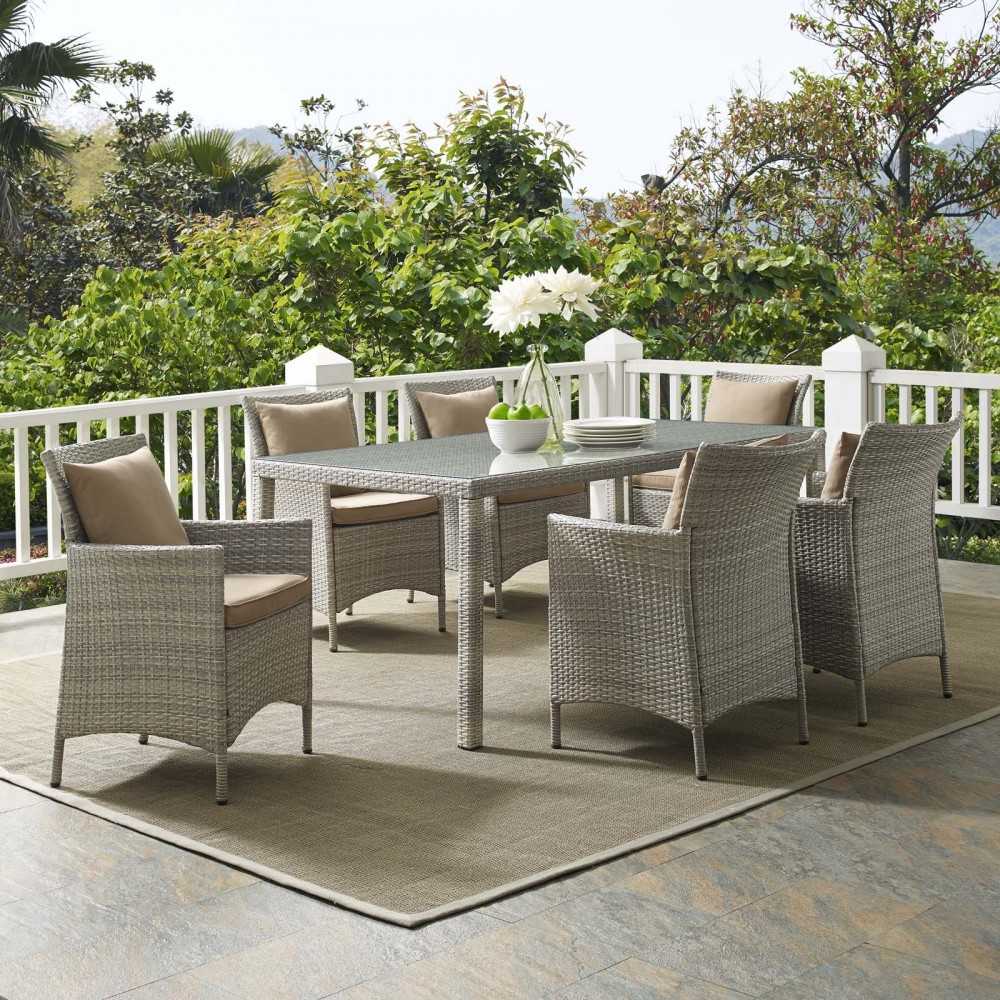 Conduit 7 Piece Outdoor Patio Wicker Rattan Dining Set, Light Gray Mocha