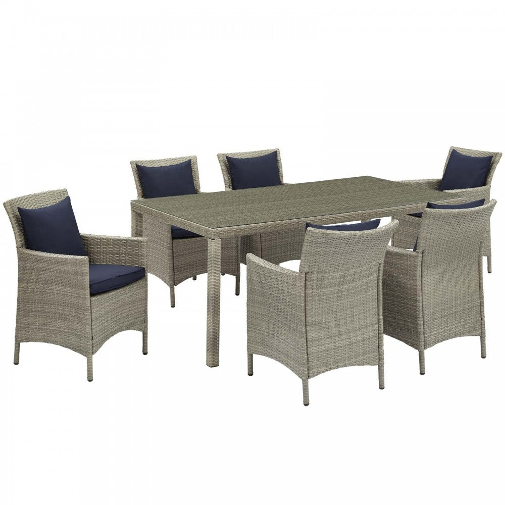 Conduit 7 Piece Outdoor Patio Wicker Rattan Dining Set, Light Gray Navy