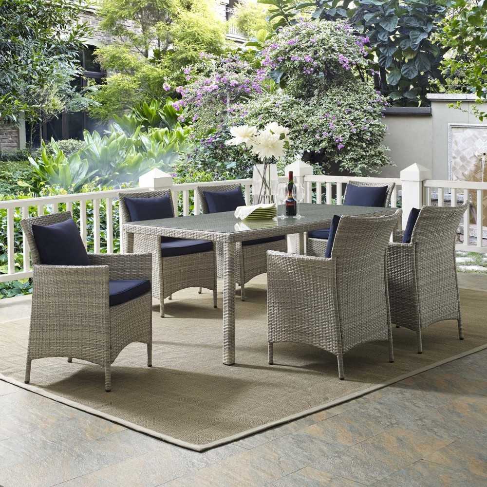 Conduit 7 Piece Outdoor Patio Wicker Rattan Dining Set, Light Gray Navy