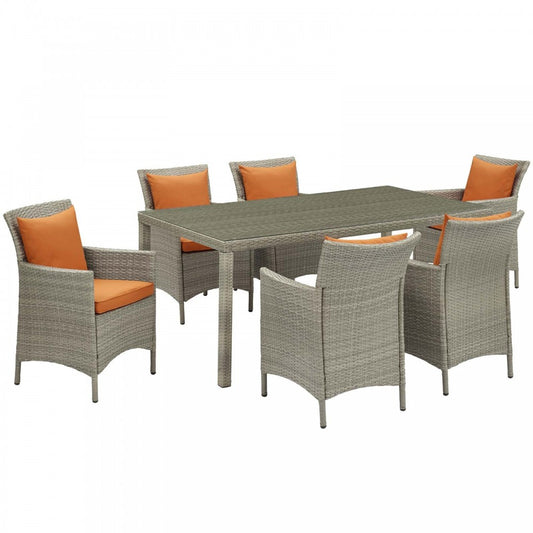 Conduit 7 Piece Outdoor Patio Wicker Rattan Dining Set, Light Gray Orange