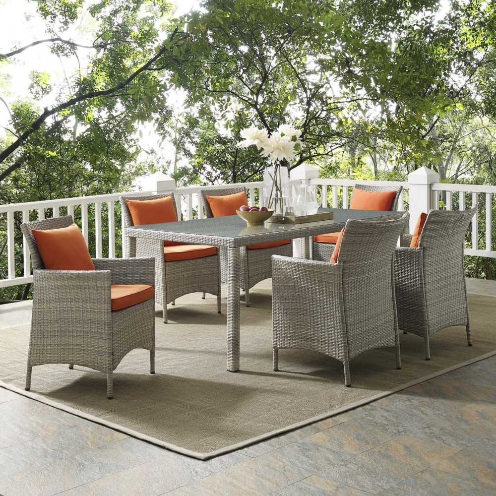 Conduit 7 Piece Outdoor Patio Wicker Rattan Dining Set, Light Gray Orange