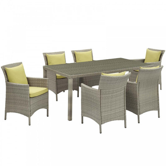 Conduit 7 Piece Outdoor Patio Wicker Rattan Dining Set, Light Gray Peridot