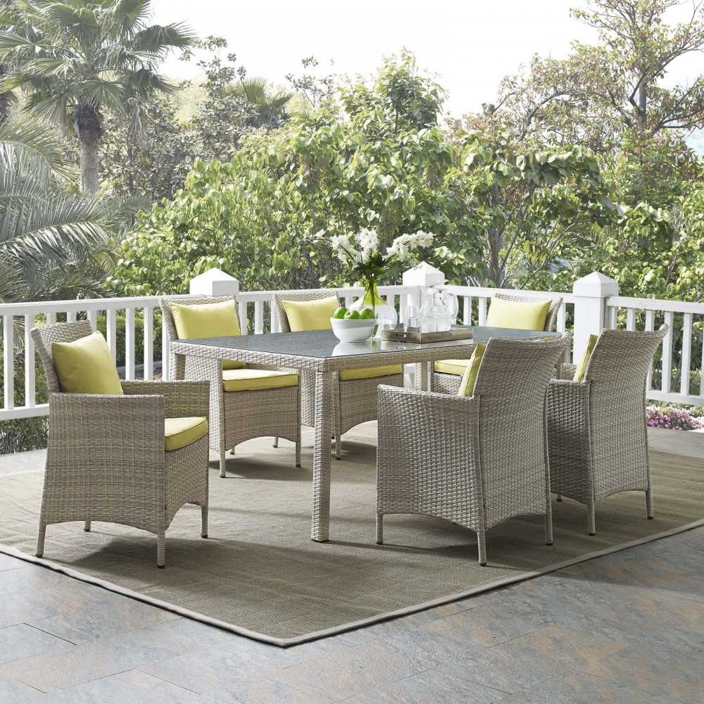 Conduit 7 Piece Outdoor Patio Wicker Rattan Dining Set, Light Gray Peridot