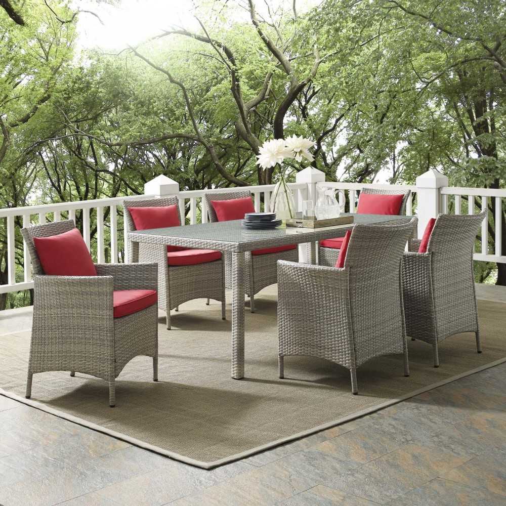 Conduit 7 Piece Outdoor Patio Wicker Rattan Dining Set, Light Gray Red