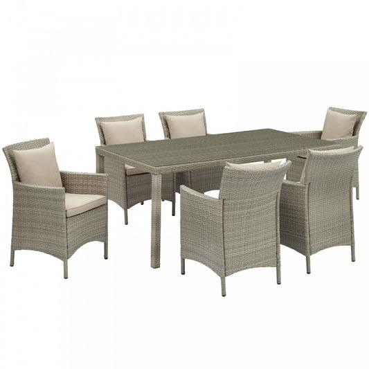 Conduit 7 Piece Outdoor Patio Wicker Rattan Dining Set, Light Gray Beige