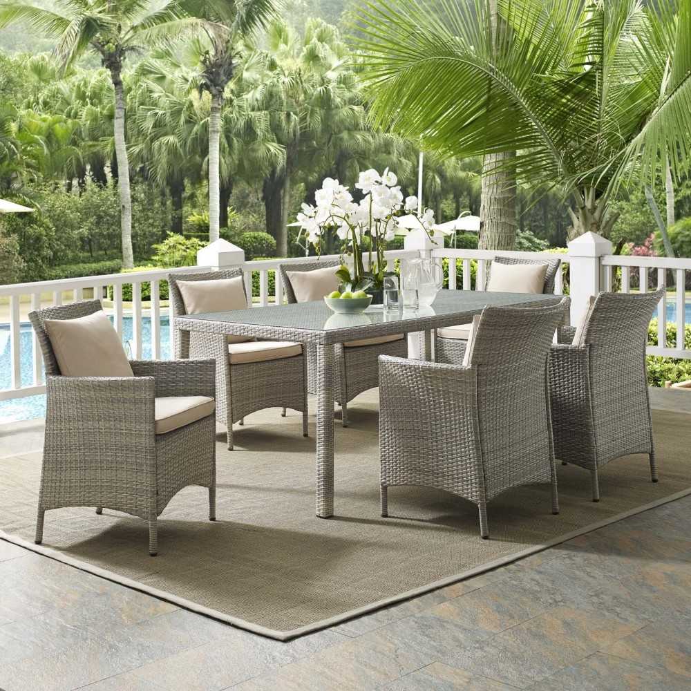 Conduit 7 Piece Outdoor Patio Wicker Rattan Dining Set, Light Gray Beige