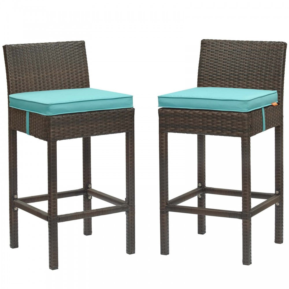 Conduit Bar Stool Outdoor Patio Wicker Rattan Set of 2, Brown Turquoise