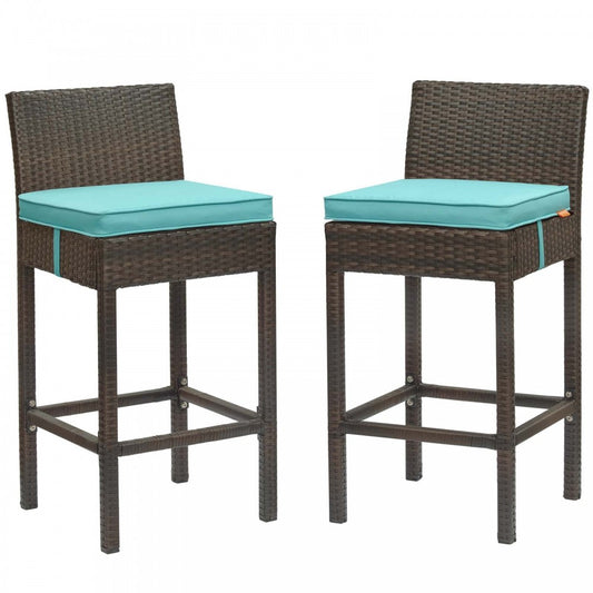 Conduit Bar Stool Outdoor Patio Wicker Rattan Set of 2, Brown Turquoise