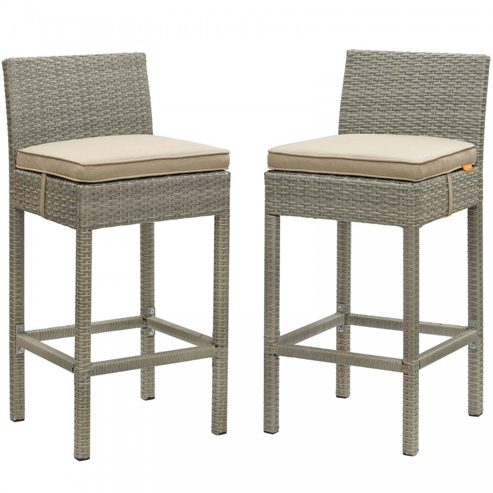 Conduit Bar Stool Outdoor Patio Wicker Rattan Set of 2, Light Gray Beige