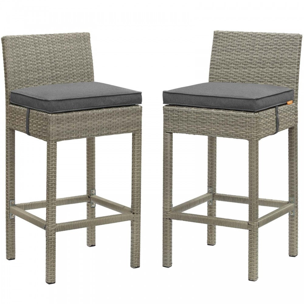 Conduit Bar Stool Outdoor Patio Wicker Rattan Set of 2, Light Gray Charcoal