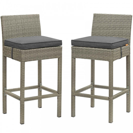 Conduit Bar Stool Outdoor Patio Wicker Rattan Set of 2, Light Gray Charcoal